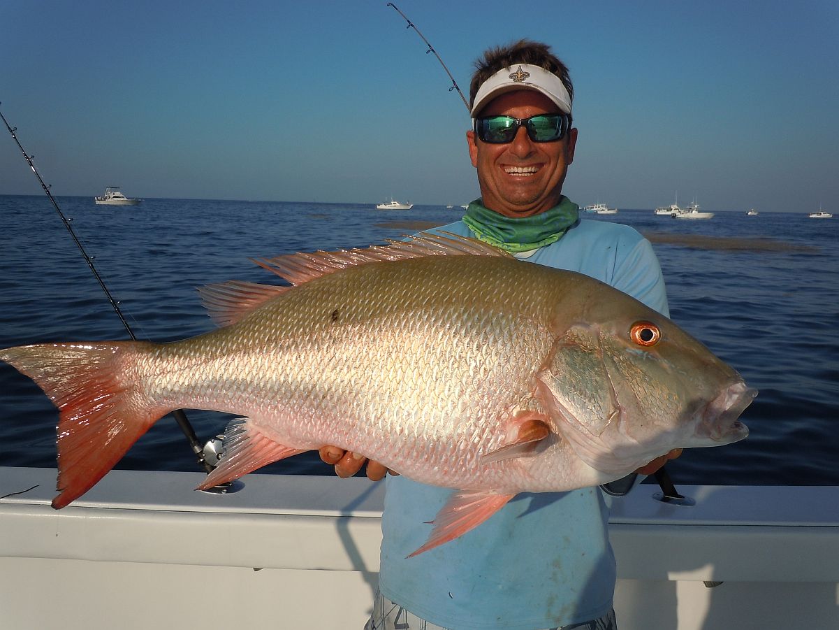 Fishing mate holding big mutton snapper